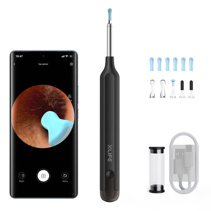 XLIFE X1 Ear Wax Removal Tool with Camera, 1080P HD Ear Camera and 6 LED Light, 12 Ear Picks, Black