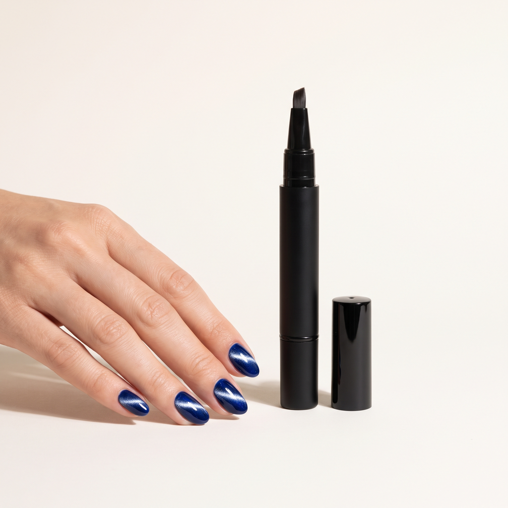 LustrePen cat eye gel pen with nails in Sapphire Hour showing the magnetic silver streak