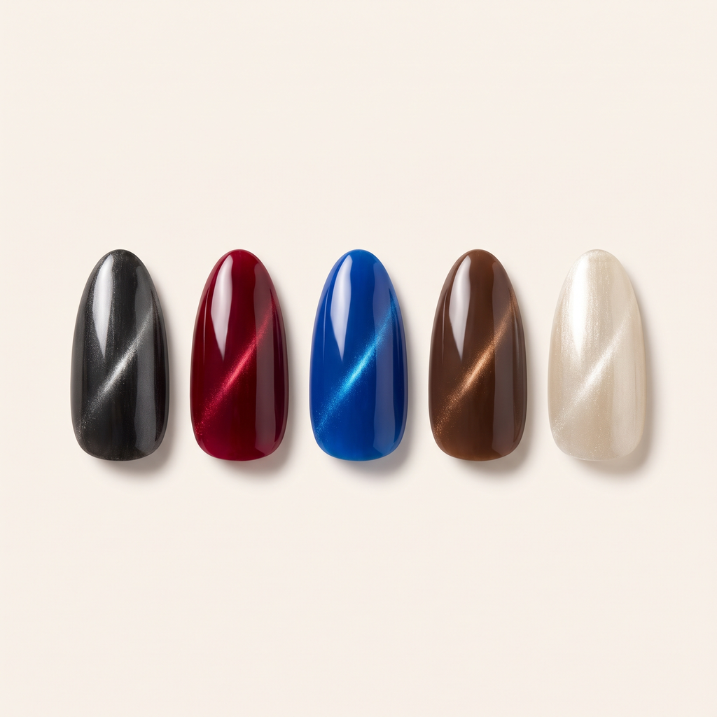 All five LustrePen cat eye shades: Onyx Mirror, Scarlet Veil, Sapphire Hour, Mocha Gleam, Champagne Veil