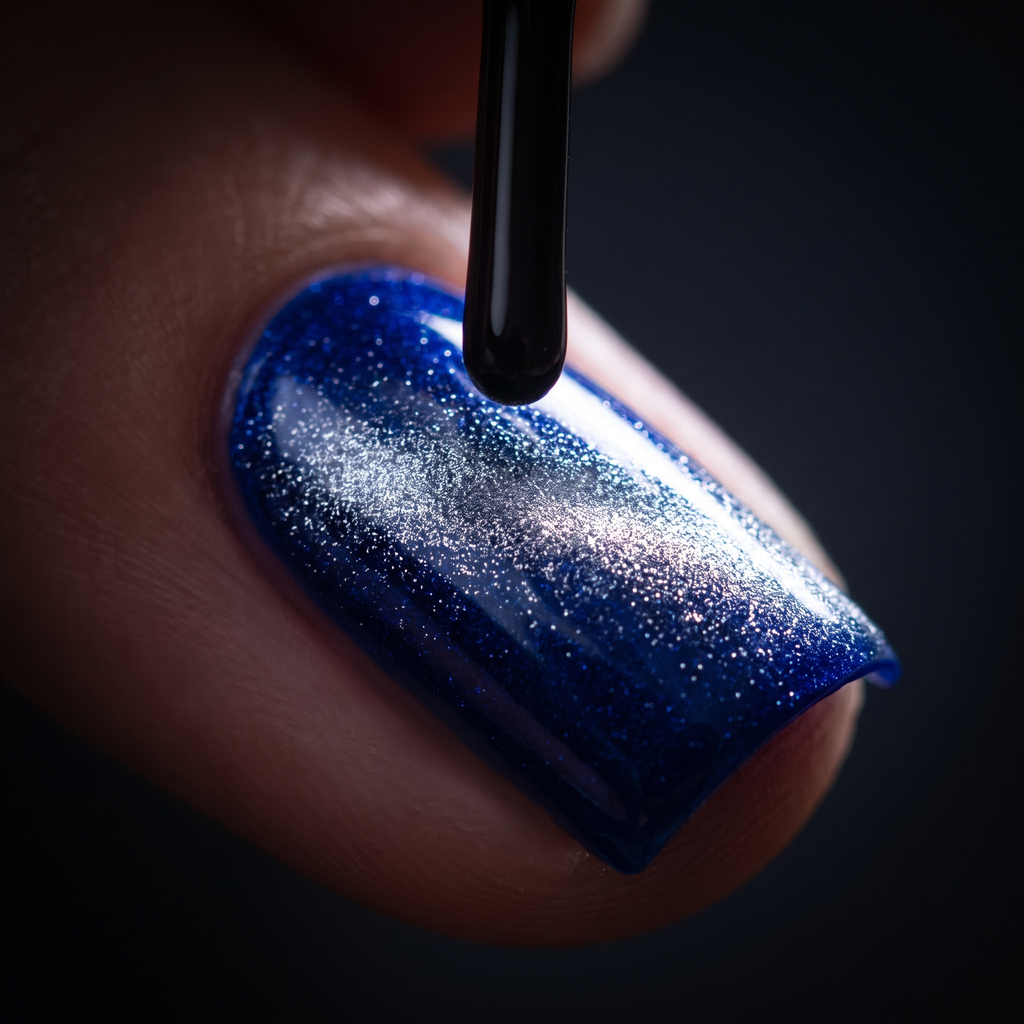 Magnetic wand held over wet gel polish pulling the shimmer into a cat eye line