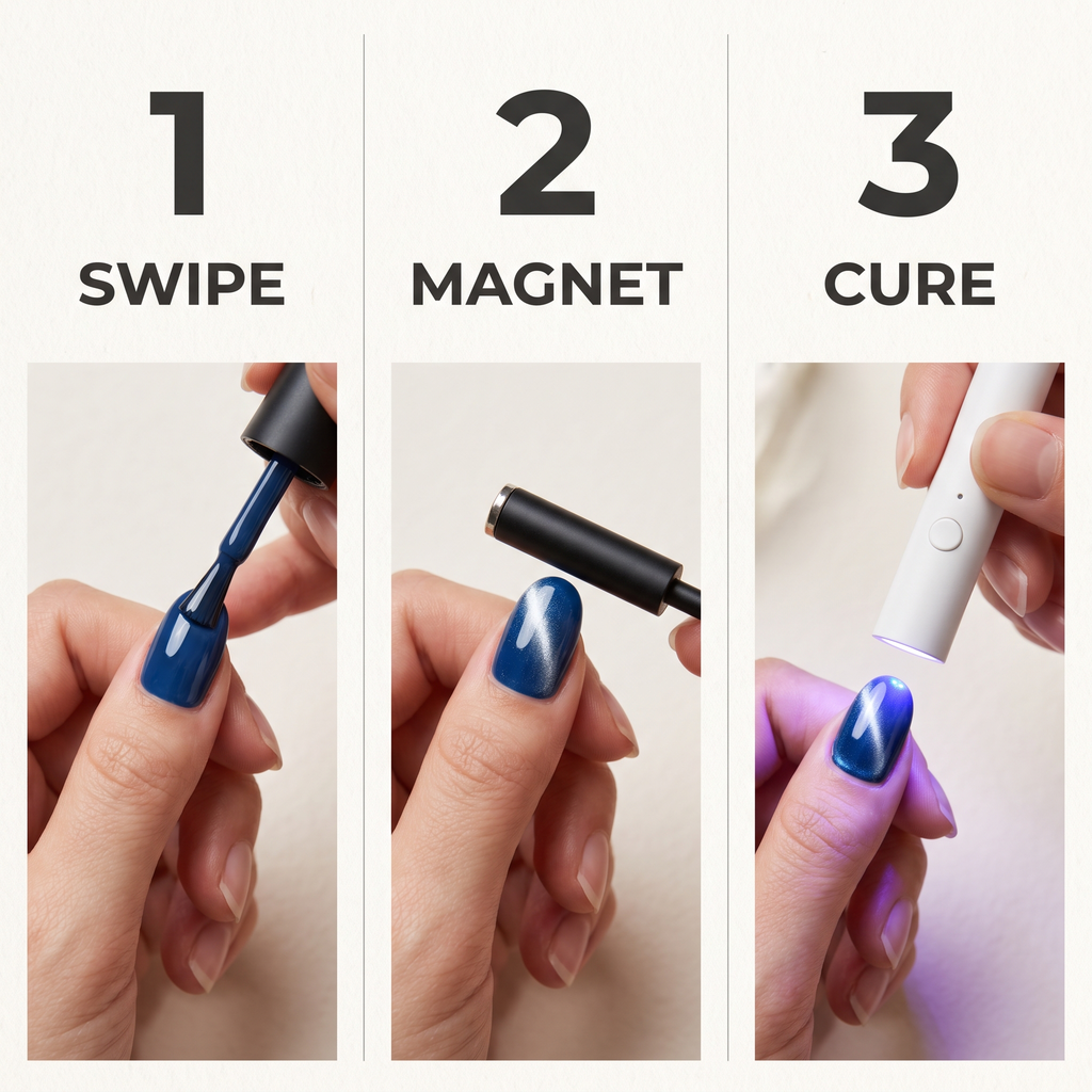 How it works in three steps: swipe the pen, pass the magnet, cure under the UV LED wand