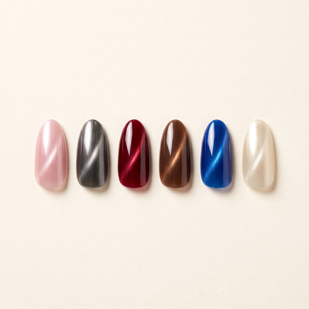 All six LustrePen cat eye shades: Rose Quartz, Onyx Mirror, Scarlet Veil, Mocha Gleam, Sapphire Hour, Champagne Veil