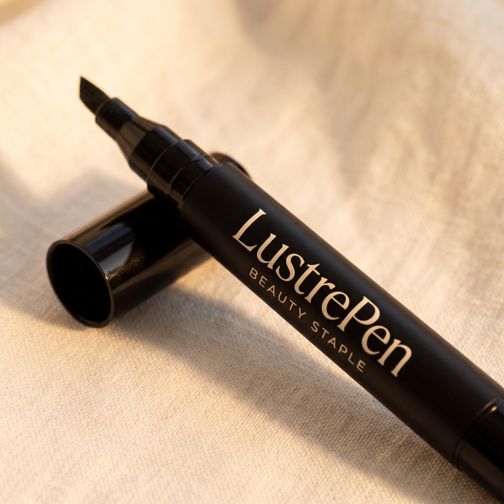 LustrePen cat eye gel pen with the brand printed on the barrel, cap removed showing the angled brush nib